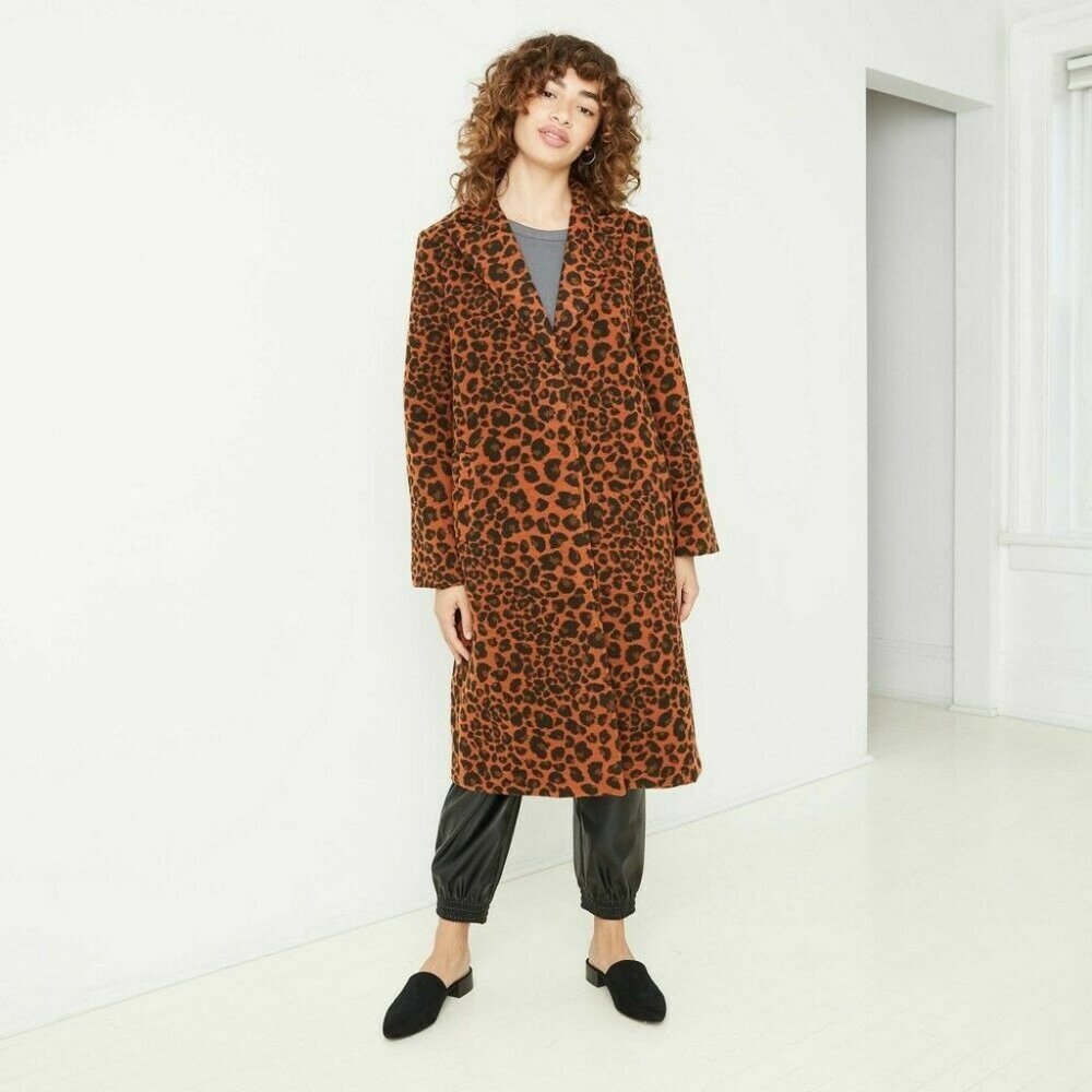 NWT  XS / S Animal Leopard Print Brown Wool Pea Coat - A New Day Women's